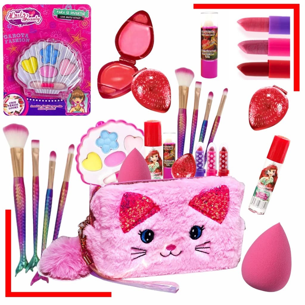Kit Maravilhoso de maquiagens + Necessaire Gatinho infantil. MGC.