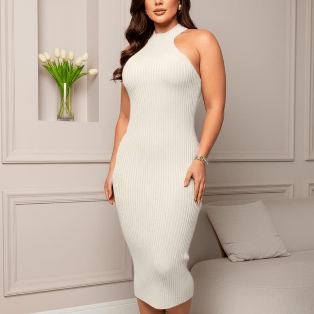 Vestido Midi Feminino Elegante Canelado Premium Tricot Encorpado Sem Manga Básico