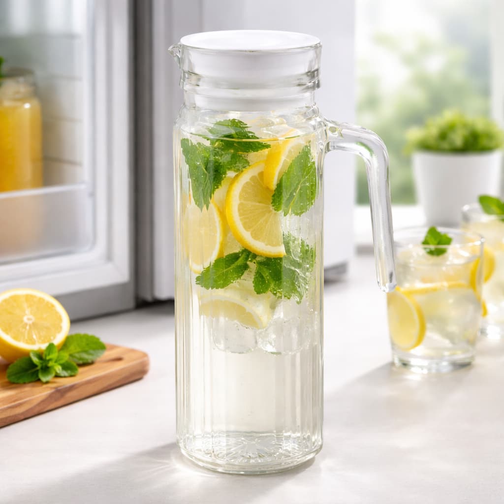 Jarra Vidro 1L Slim Hermetica Porta Geladeira Suco Chá Água Mesa Café Alça Bico Antirrespingo