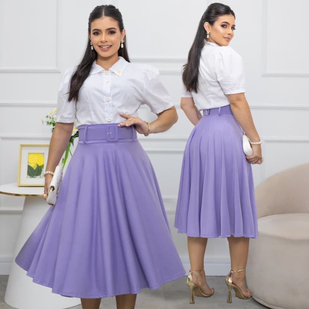 Saia Midi Suplex Rodada Com Cinto Moda Feminina Modesta Elegante