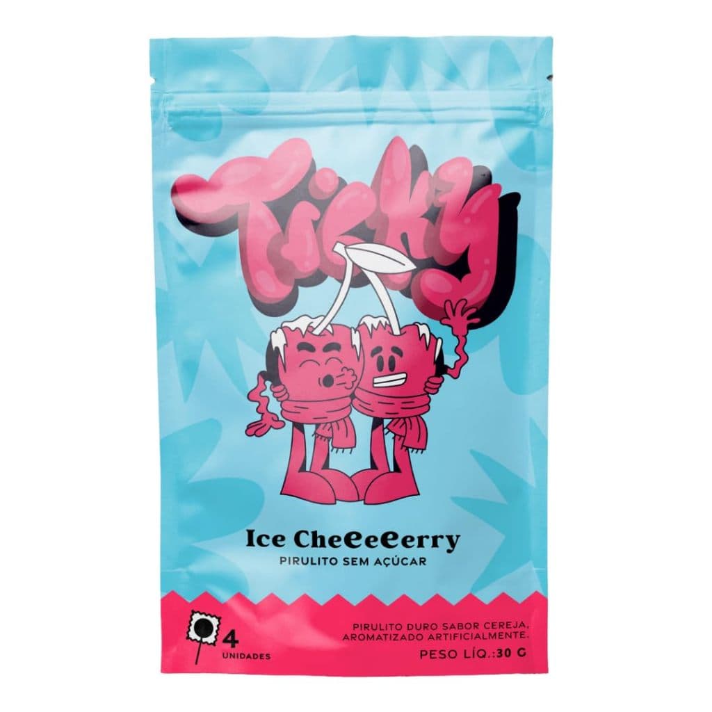 Ticky Pirulito Zero Açúcar - Sabor Cherry Ice - Pouch com 4 Unidades
