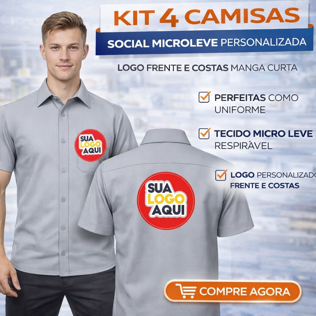 Kit 4 Camisas Sociais Microleve Personalizada Logo Frente e Costas DTF Manga Curta Uniforme Fardamento Empresa