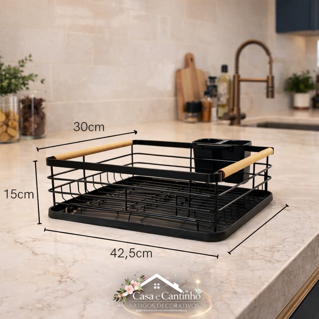 Escorredor de Louça Premium Preto com Bandeja Removível Porta Talheres Aço Inox + Bambu