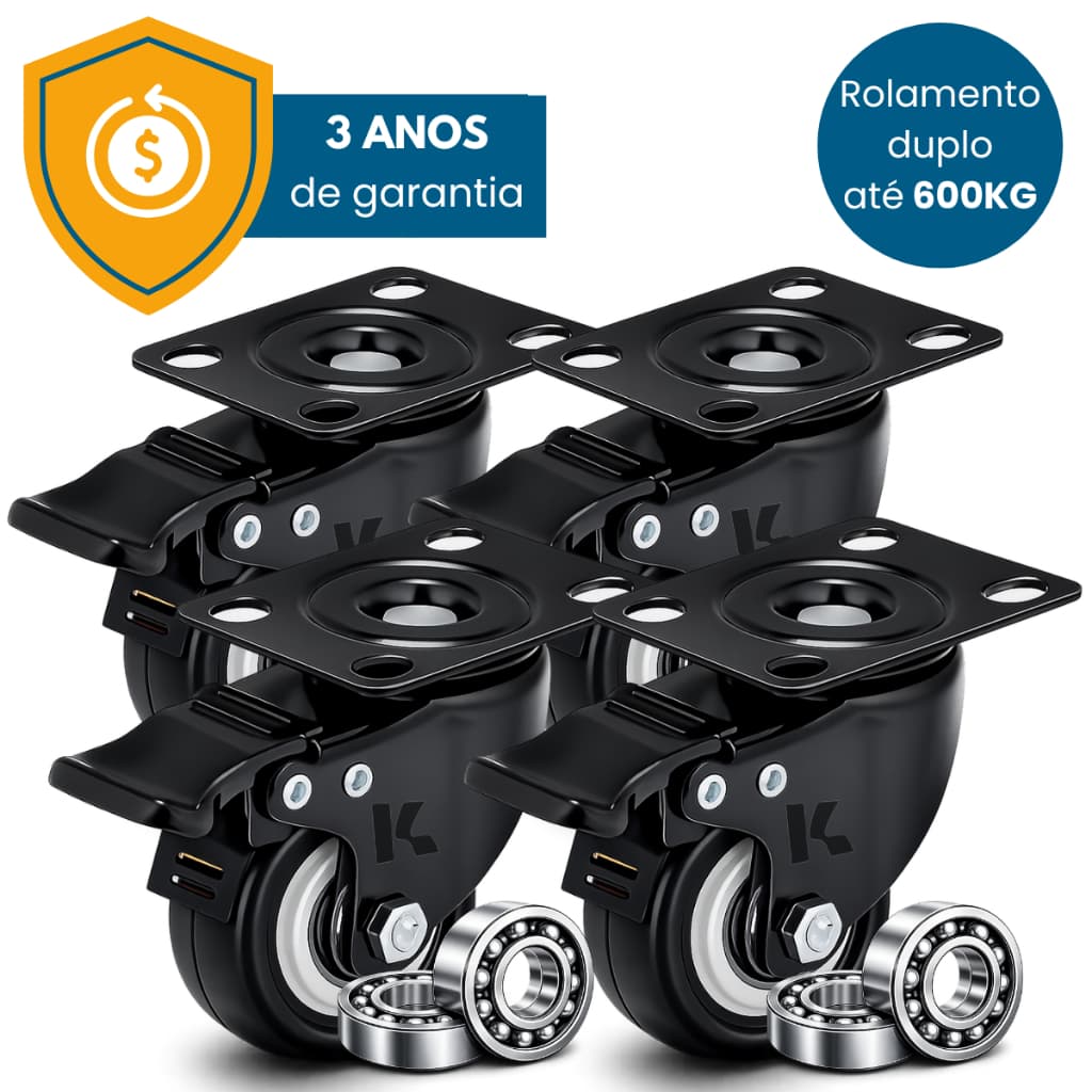 Kit 4 Rodinhas 2 polegadas 50mm Para Moveis Pesados Rodízios Roda Reforçada Trava Dupla p/600KG
