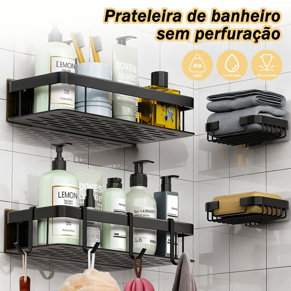 KIT 2 Suporte De Shampoo Prateleiras De Banheiro Sem Furo Premium Suporte + Suporte de sabão