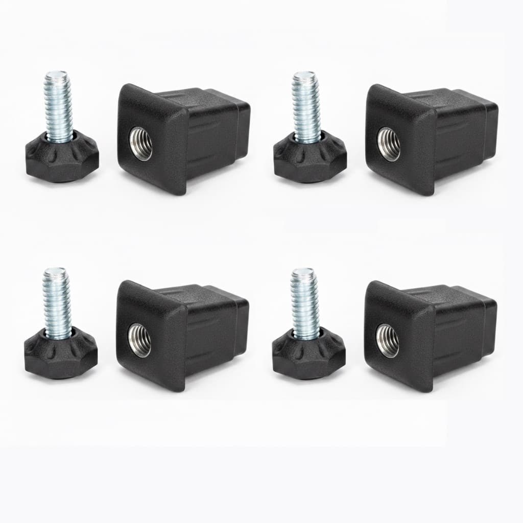 4 Ponteira Quadrada, Bucha Rosca Aço, 20x20mm e Pé Nivelador