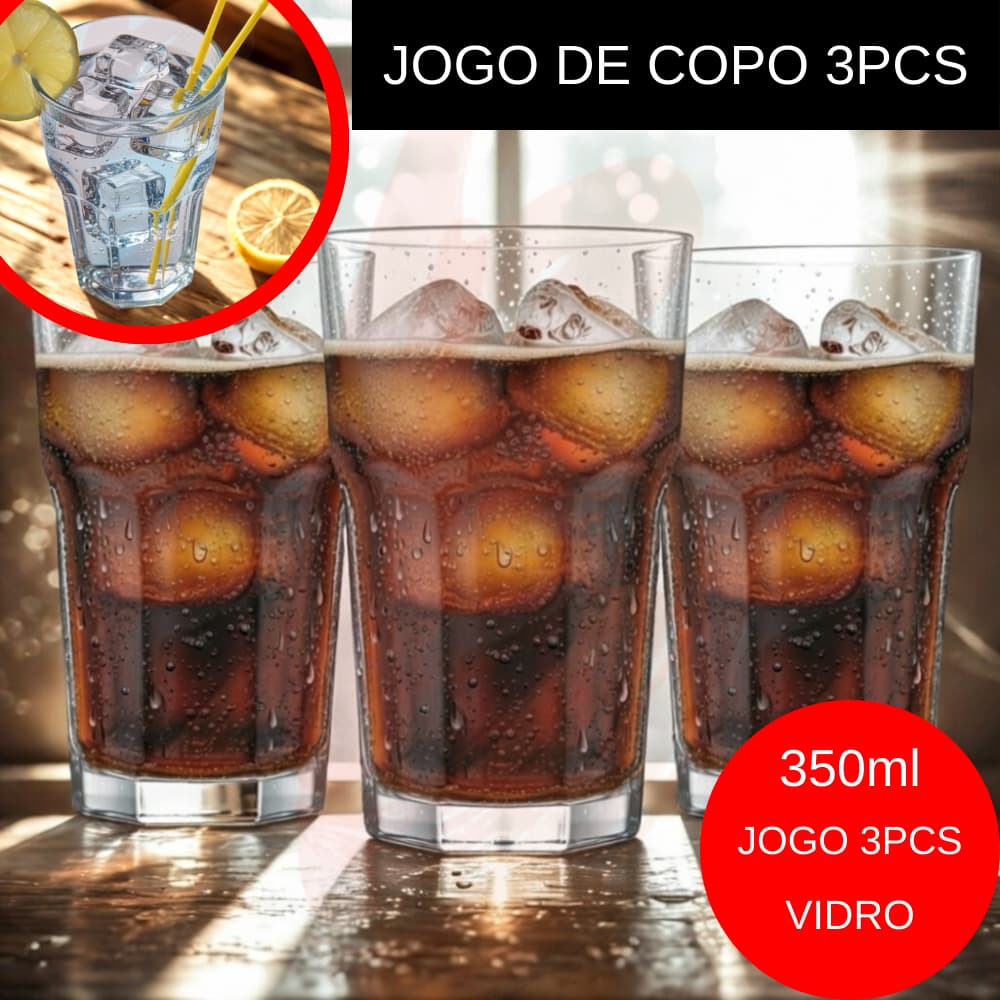 Jogo 3pcs Copos Vidro 350ml Suco Água Refri Kit 3pcs Trevi Reforçado