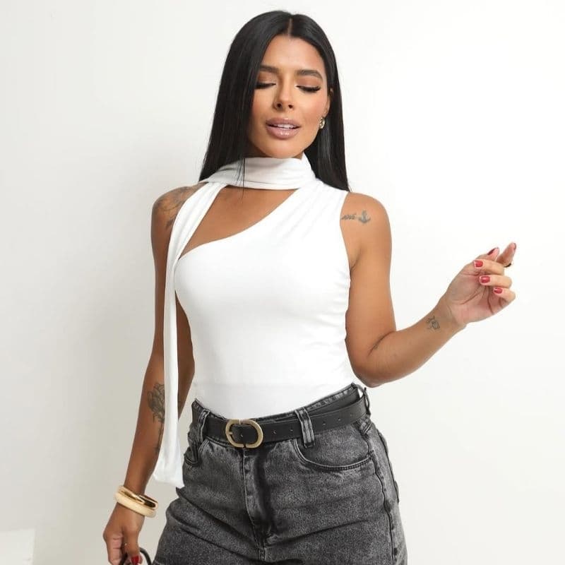 Blusa Feminina Regata Um Ombro Só Amarração Versátil Suplex Poliamida Blusas Femininas Estilosas