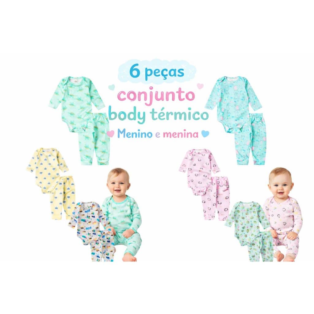Kit 6 Peças Conjunto Térmico 3 Bodys + 3 Calças Infantil para Bebe Menino e Menina Peluciado Inverno