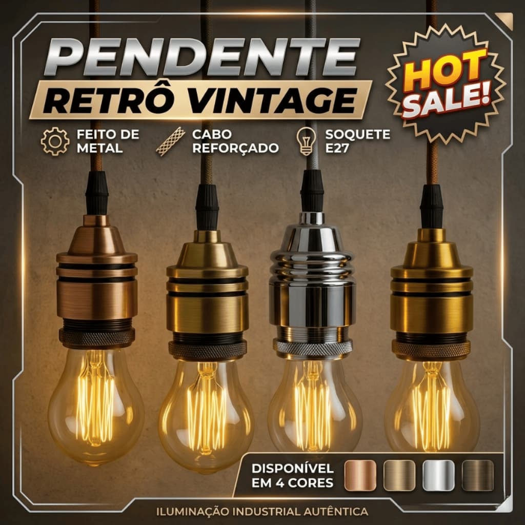 Pendente de Teto Soquete Vintage Retrô Industrial Lâmpada Bocal E27 + Fio + Tampa 110V/220V (Bivolt)