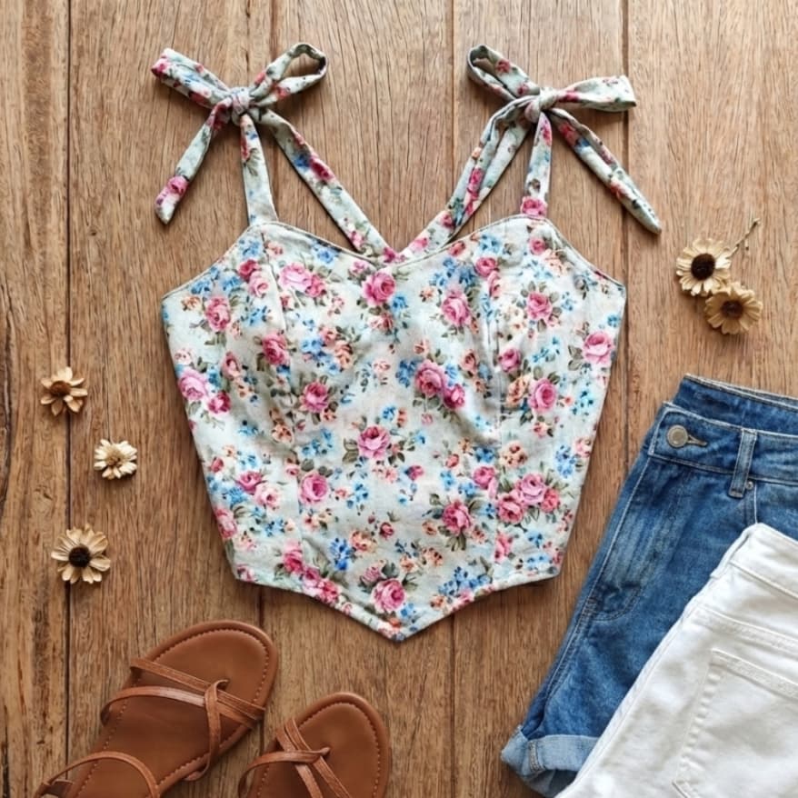 Cropped feminino florido suplex bojo alça ajustável blusinha verão