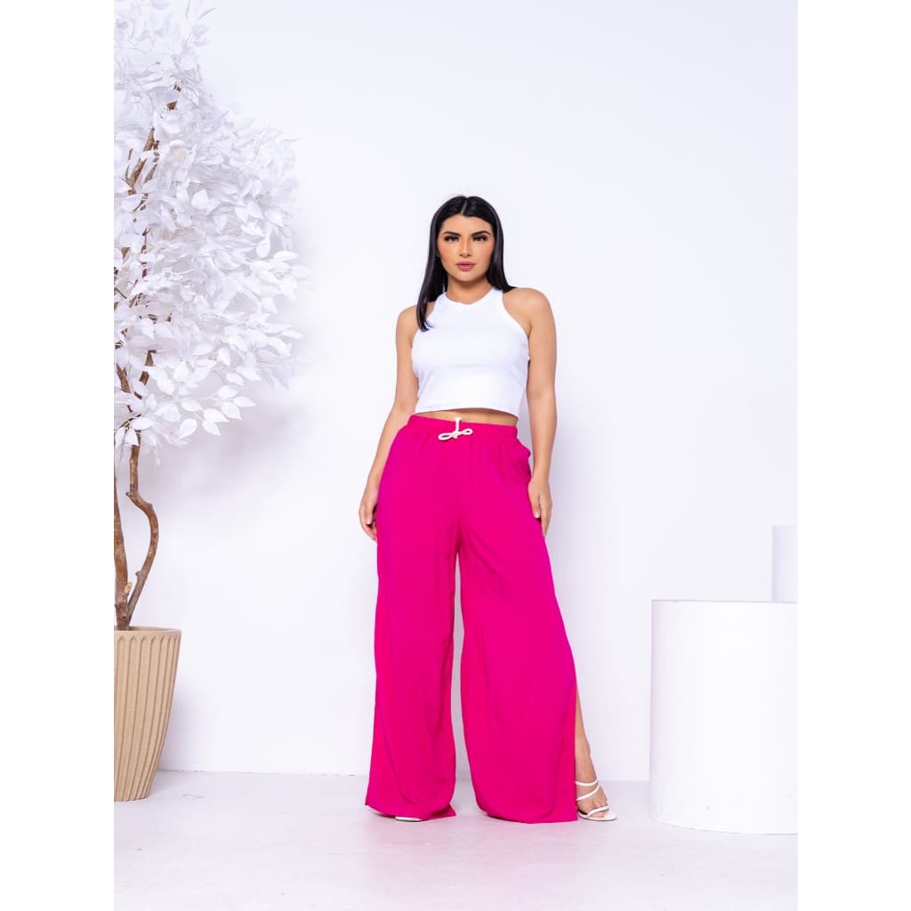 Calça Pantalona Fenda Lateral de Viscolinho Moda Feminina