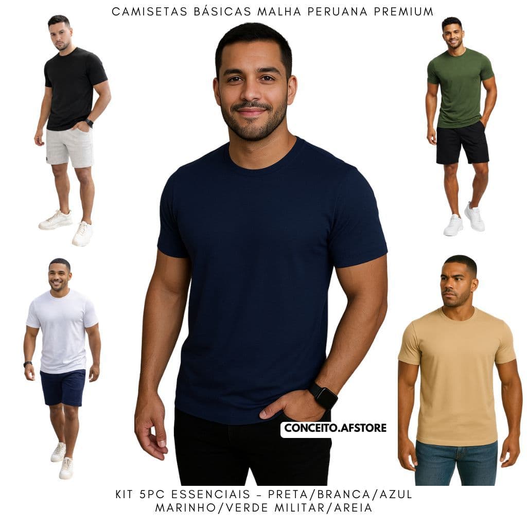 KIT 5 Camisetas Básicas Masculinas Malha Peruana Premium Slim fit ou Tradicional com Elastano.