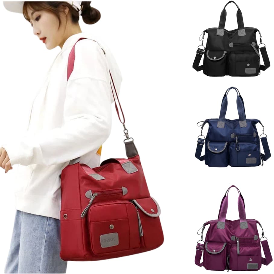 Bolsa de ombro feminina de nylon impermeável de múltiplos bolsos e grande capacidade