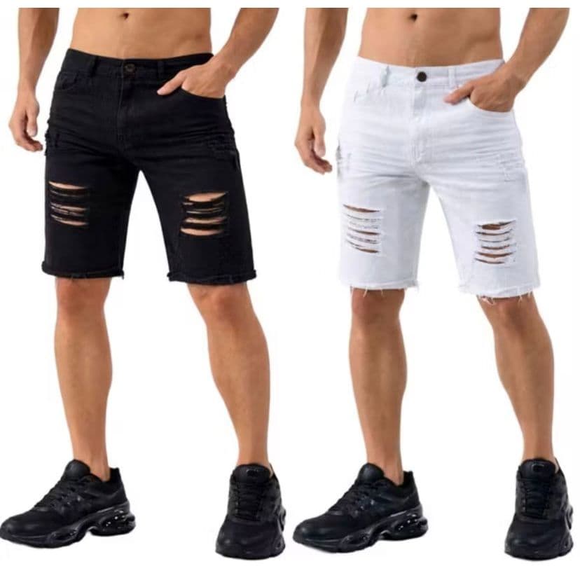 Bermuda Jeans Masculina Rasgada Destroyed Tecido Premium Preto Branco