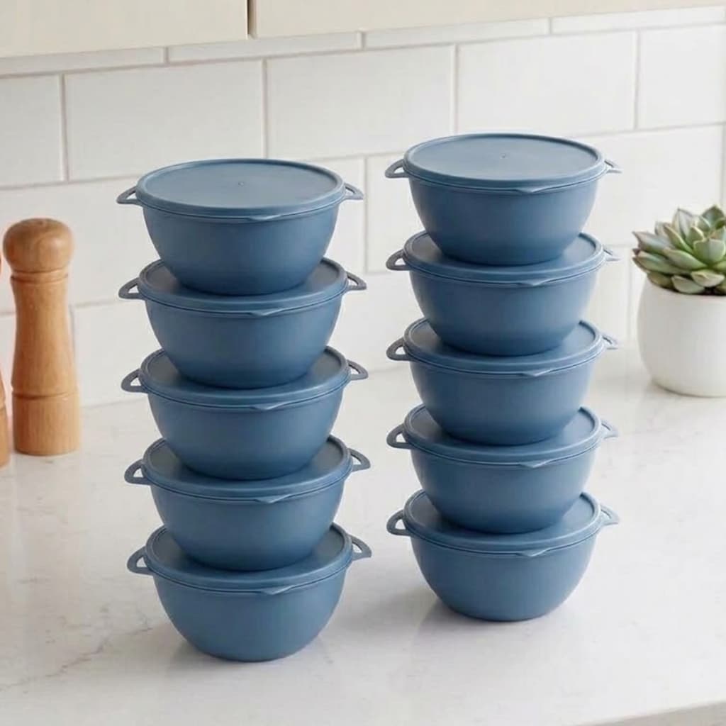 Potes Vasilhas Bowl Plástico Redondo 1L Com Tampa Hermética Kit 10 Peças Marmita BPA Free Cinza