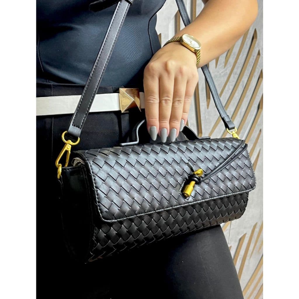 Bolsa Feminina Couro Baguette Horizontal de Luxo Trançada Chic Noite