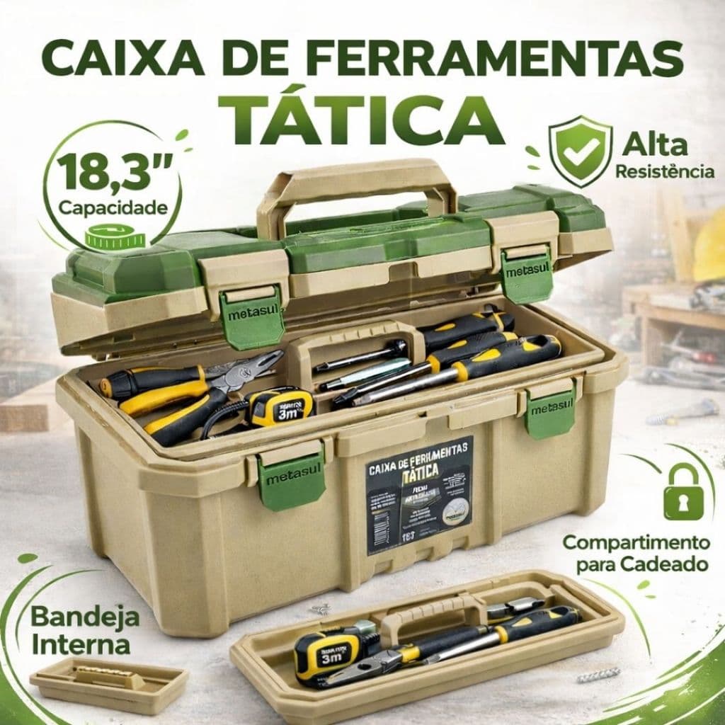 Caixa de Ferramentas Tática 18,3" Metasul com Bandeja Interna, Resistente com Alça Reforçada