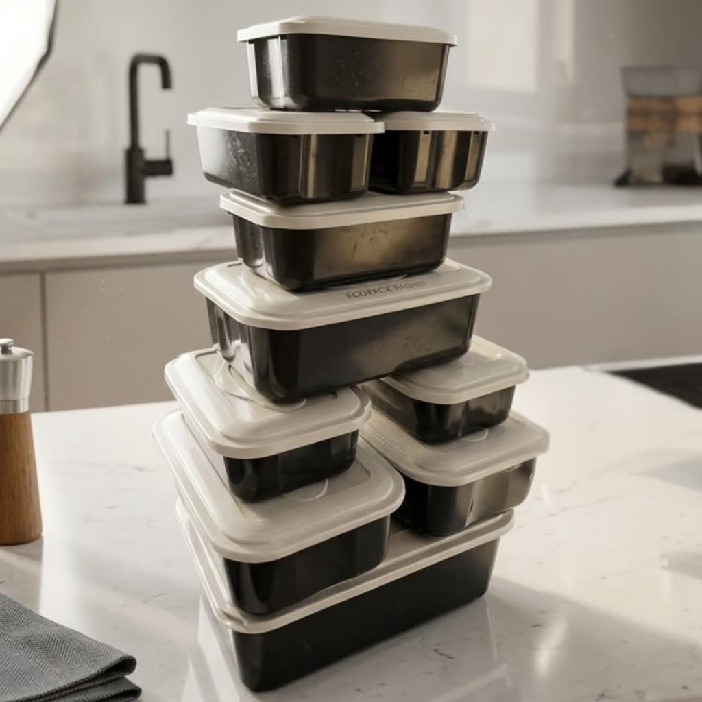 Pote Retangular Plástico Kit 10 Peças Preto com Branco Cozinha Tapuer