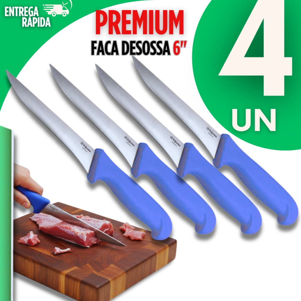 Faca Profissional 4, 3, 2 ou 1 unidade p/Desossar Carne Peixe 6" Premium Lâmina Inox Cabo Ergonômico