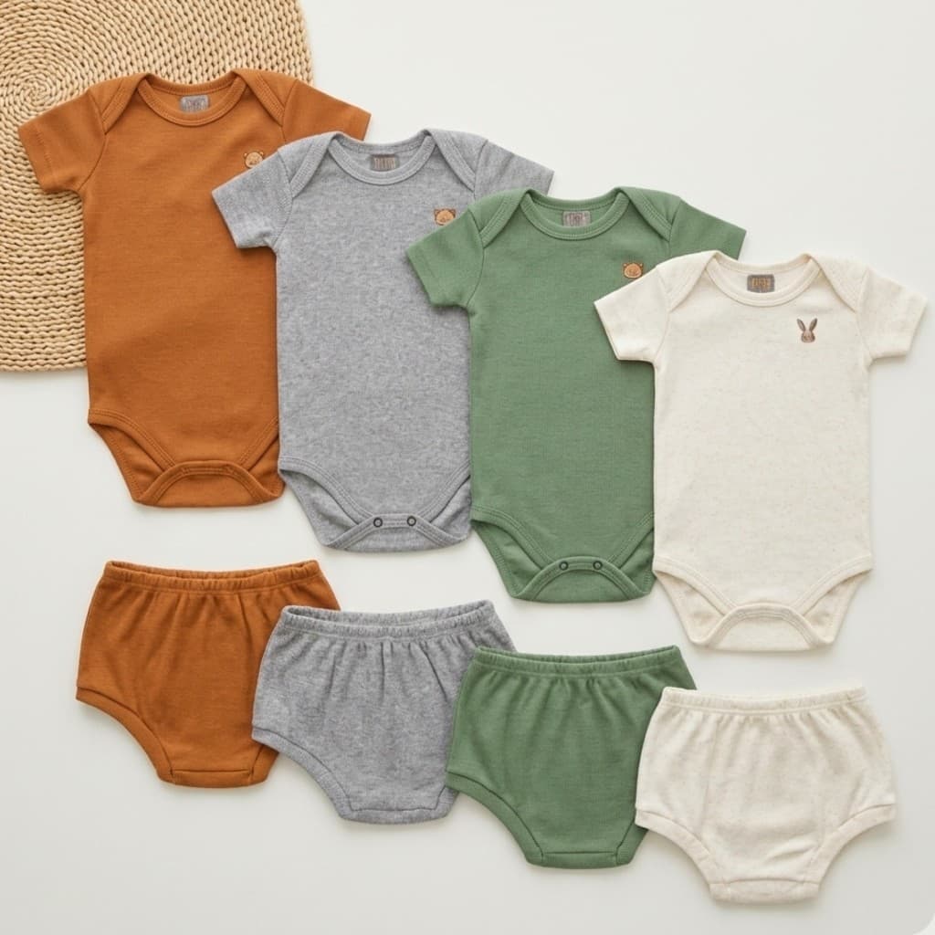 Kit 3 ou 5 Conjuntos Bebê Menino Body Manga Curta + Tapa-Fralda Verão Cores Sortidas P ao GG