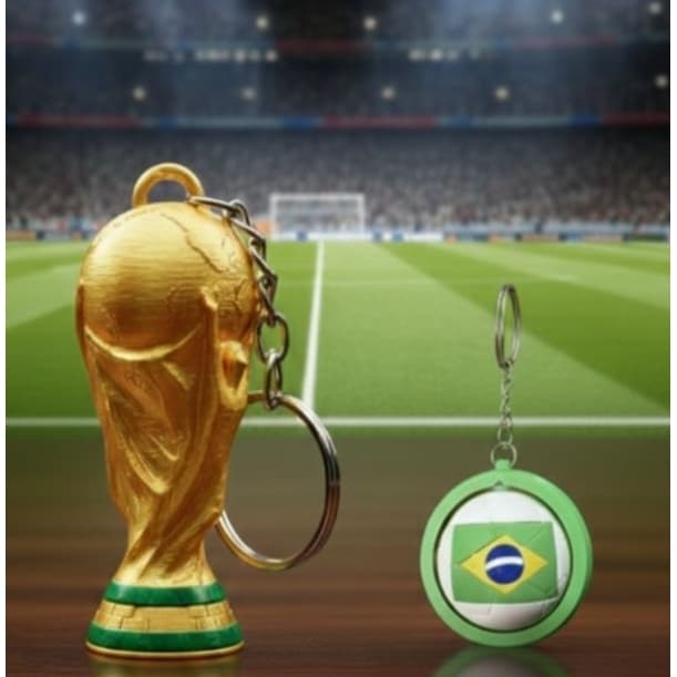 kit Chaveiro Troféu da Copa + Chaveiro Bola Giratória Bandeira do Brasil