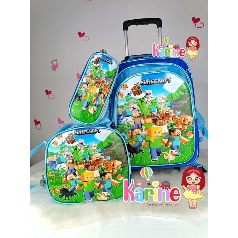 KIT MOCHILA ESCOLAR INFANTIL MINECRAFT COM RODINHAS/MOCHILA  LANCHEIRA TÉRMICA ESTOJO/MOCHILA PARA MENINO/2026/MINECRAFT