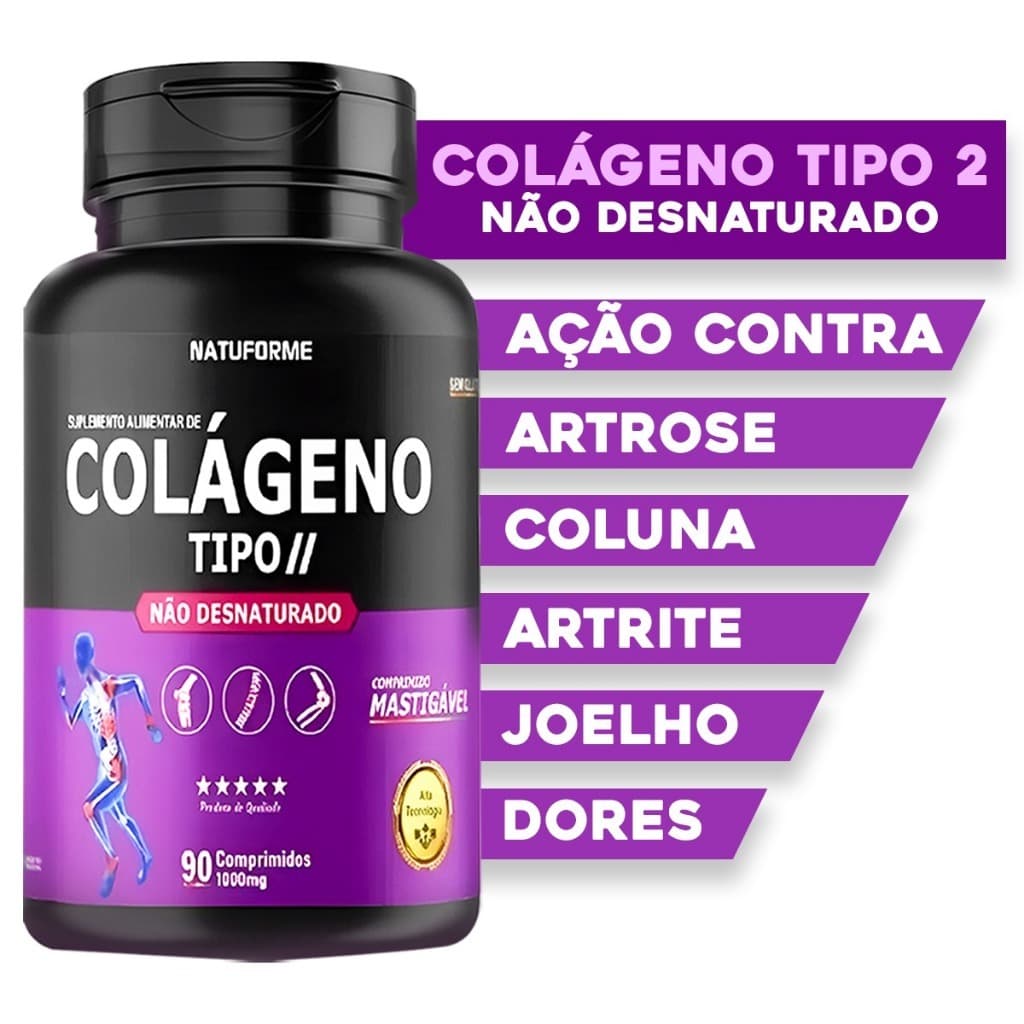 Colágeno Tipo 2 Não Desnaturado Puro 90 Comprimidos Mastigáveis - (CONSUMO PARA 03 MESES)