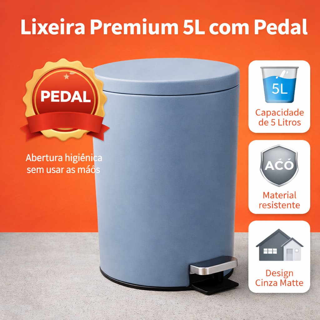Lixeira Premium Higiênica com Pedal 5L  Aço Cinza Matte Moderna Compacta Banheiro Cozinha Escritório