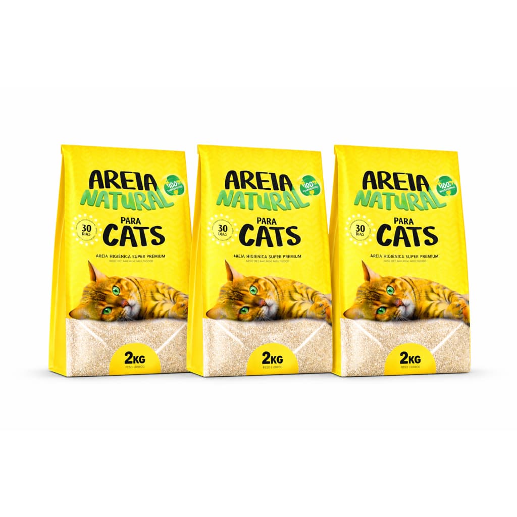 Areia Higiênica Natural Biodegradável Gatos Tiger Cats 2kg forma torroes firmes em 5 minutos kit 3unids