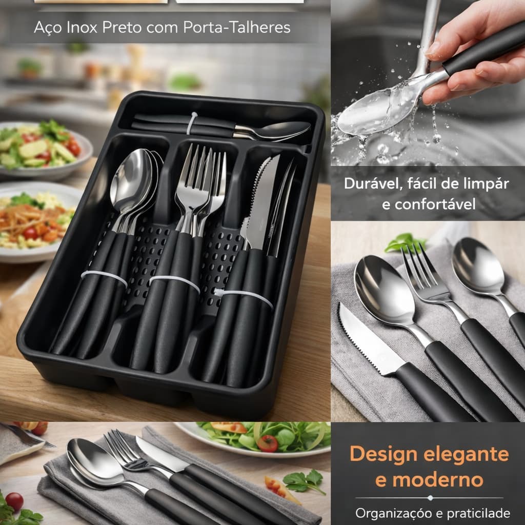 Conjunto de Talheres 17 Peças Preto com Porta Talheres Aço Inox Garfo Faca Colher