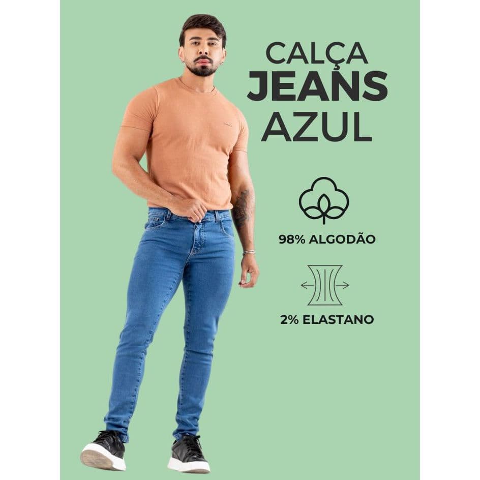 Calça Jeans Masculina Azul Claro Com Algodão e Elastano Casual Confortável Moderna Para o Dia a Dia