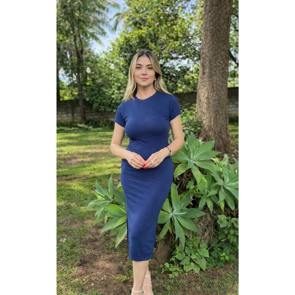 Vestido Midi Canelado Casual Básico Acinturado Modelador Com Fenda Lateral