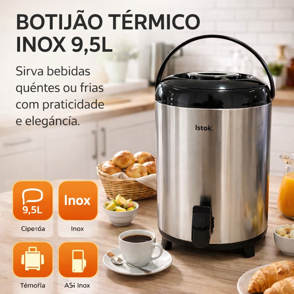 Botijão Térmico Inox 9,5L com Torneira Conserva Bebidas Quentes Frias Café Eventos Escritório