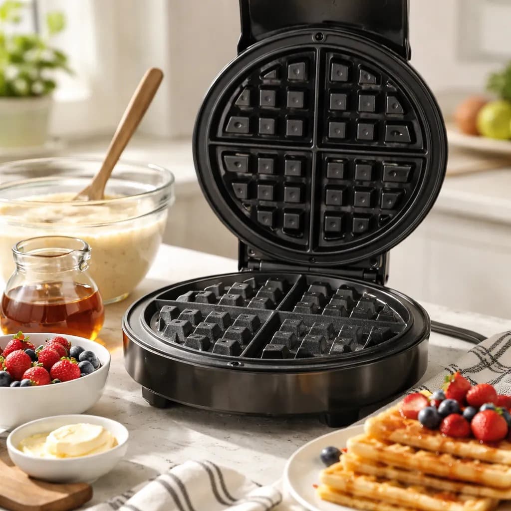Máquina Waffles Elétrica Waffleira Antiaderente 1000w Portátil Preto 220v e 110v Lanche rápido e prático