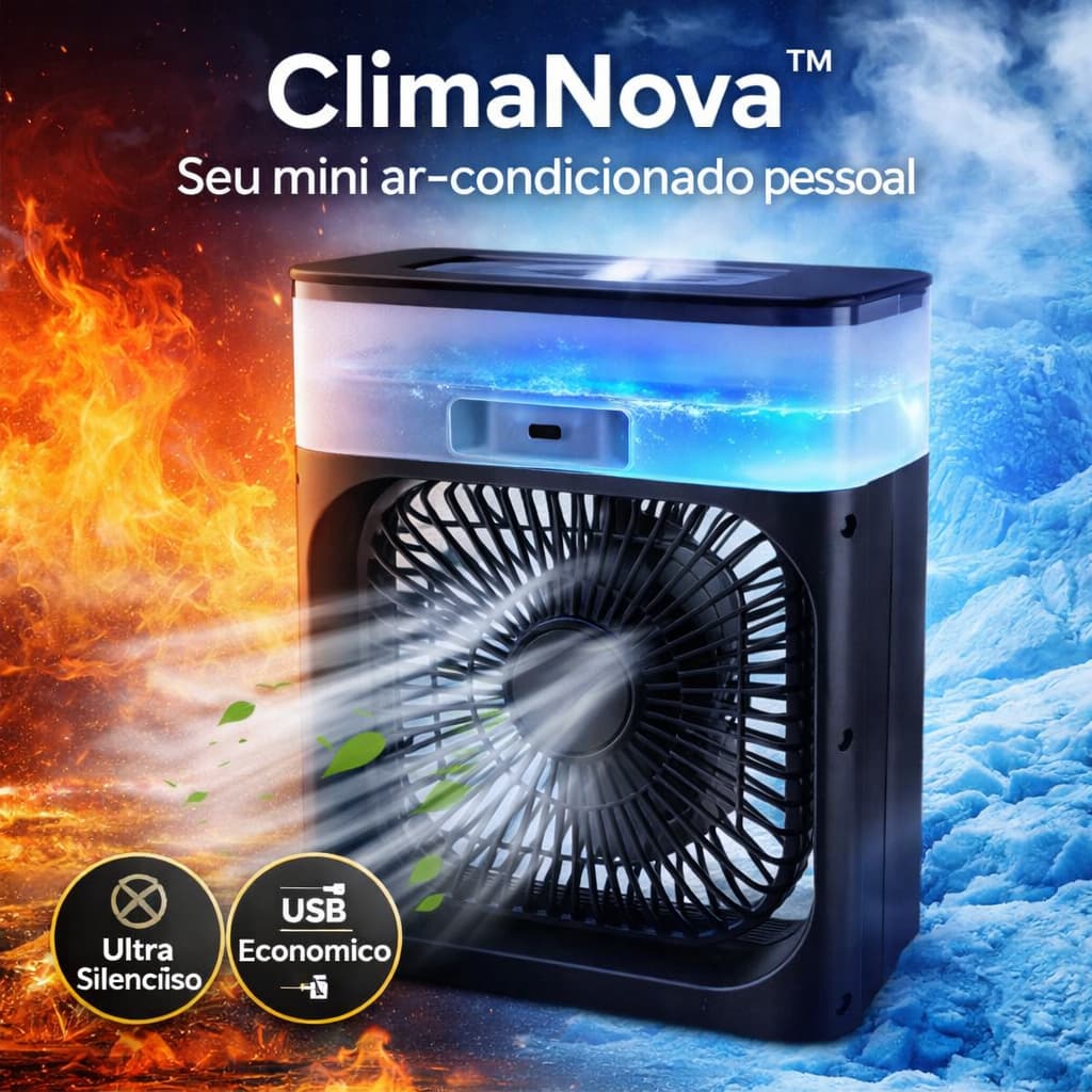ClimaNova™ Mini Climatizador Portátil USB Silencioso Ventilador Umidificador de Ar Compacto Bivolt