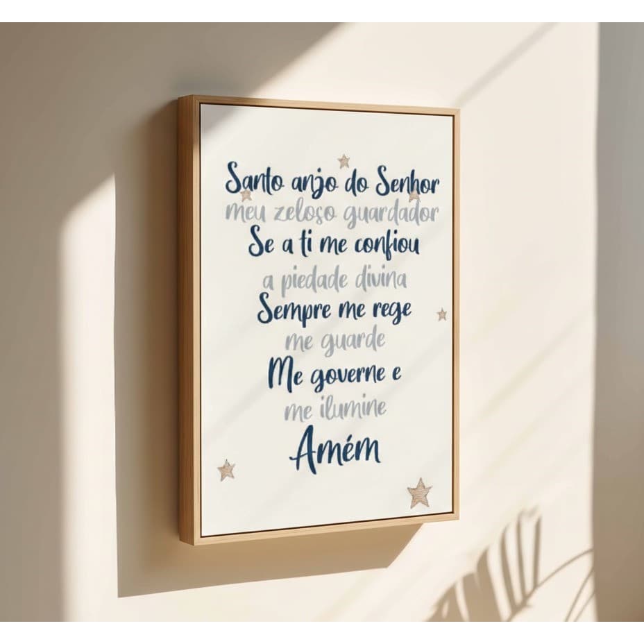 Quadro Decorativo Canva Infantil Oração Santo Anjo Moldura Flutuante