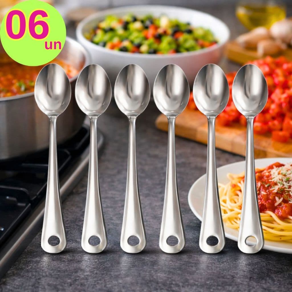 Kit 6 Colher de Arroz Colher Servir Colher Grande Aço Inox Resistente 25,5cm Utensílio de Cozinha