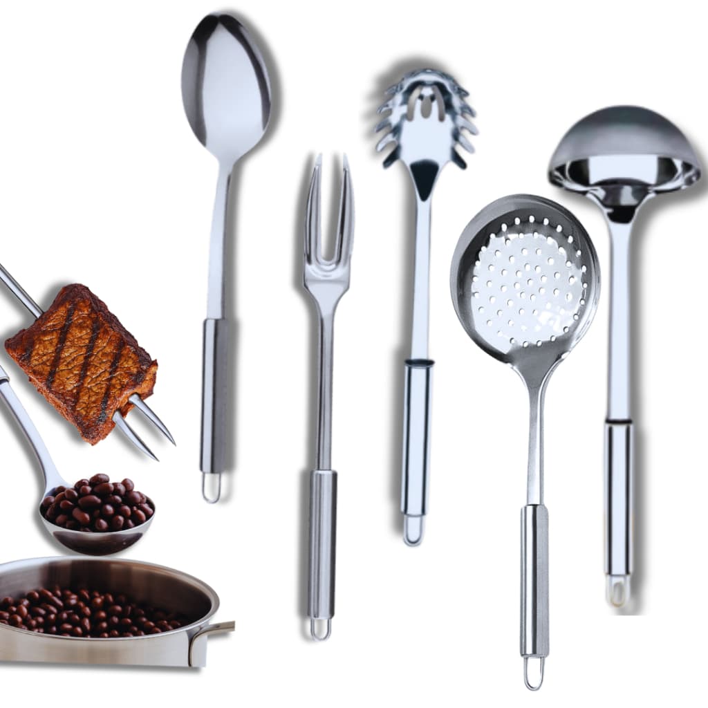 Kit Utensílios de Cozinha Aço Inox 5 Peças – Garfo Trinchante, Colher de Arroz, Concha, Escumadeira e Pegador de Massa