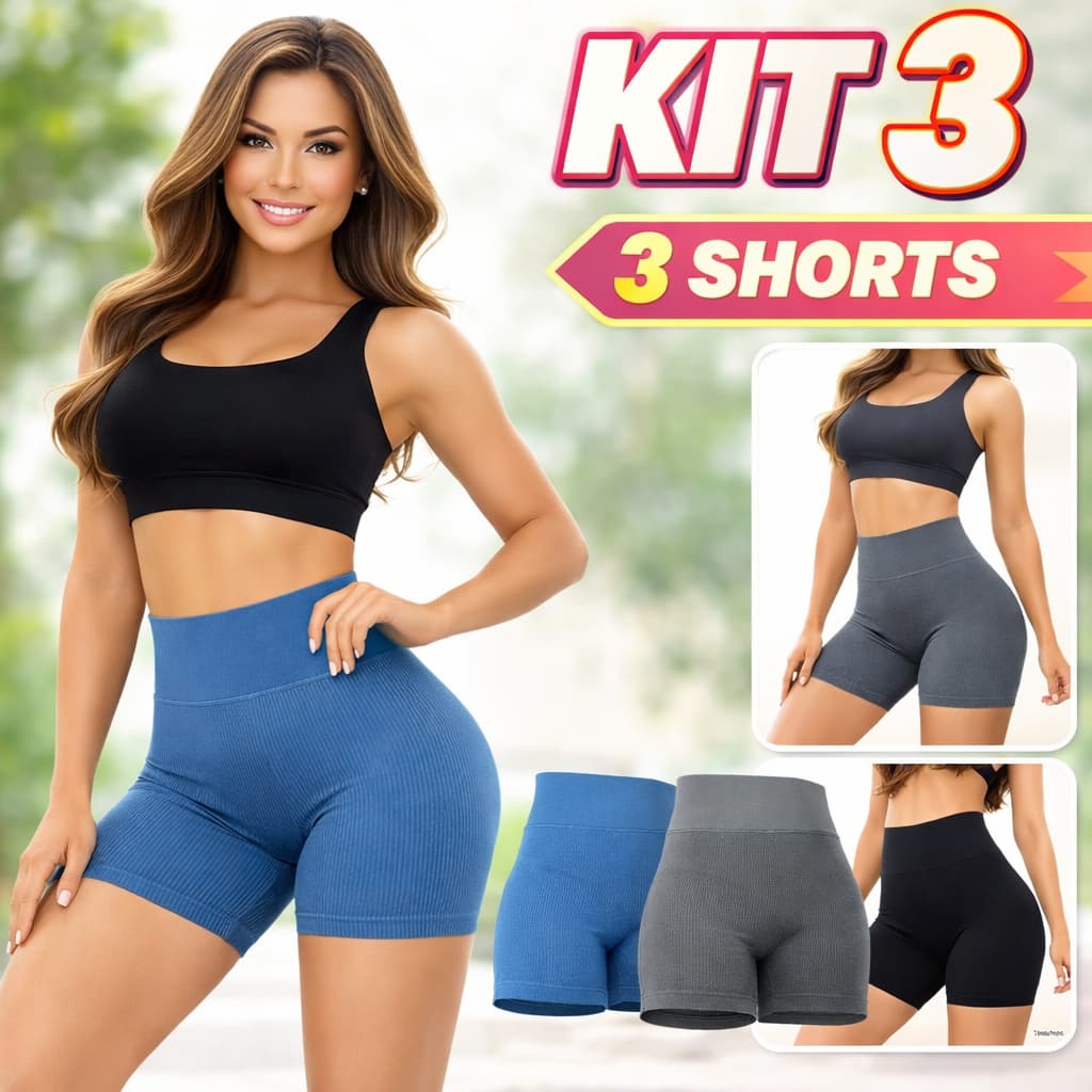 Kit 3 Short Feminino Academia Fitness Canelado Alta Compressão Confortavel