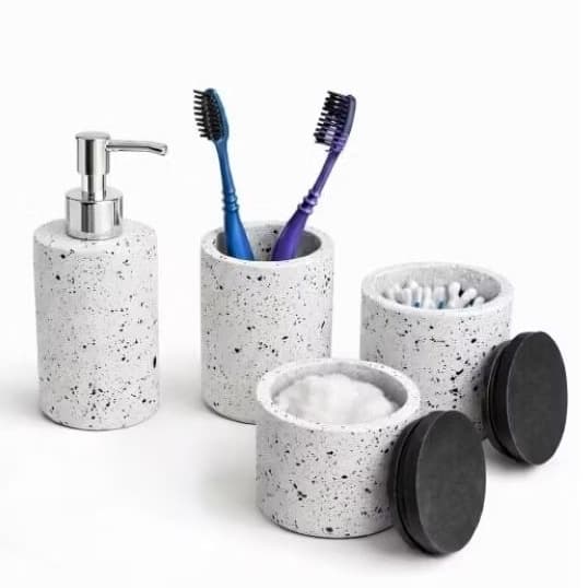 kit lavabo quatro Peças, feito em concreto, Porta Sabonete líquido, Porta Escova, Porta cotonete, Porta algodão