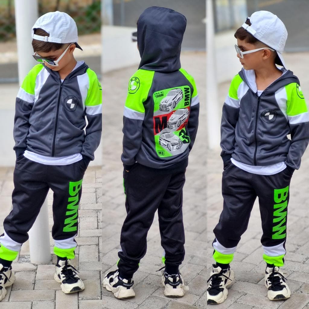 Conjunto Infantil Masculino Inverno Quentinho Casaco Zíper Capuz + Calça Bolso Estampa Carro 4 ao 12