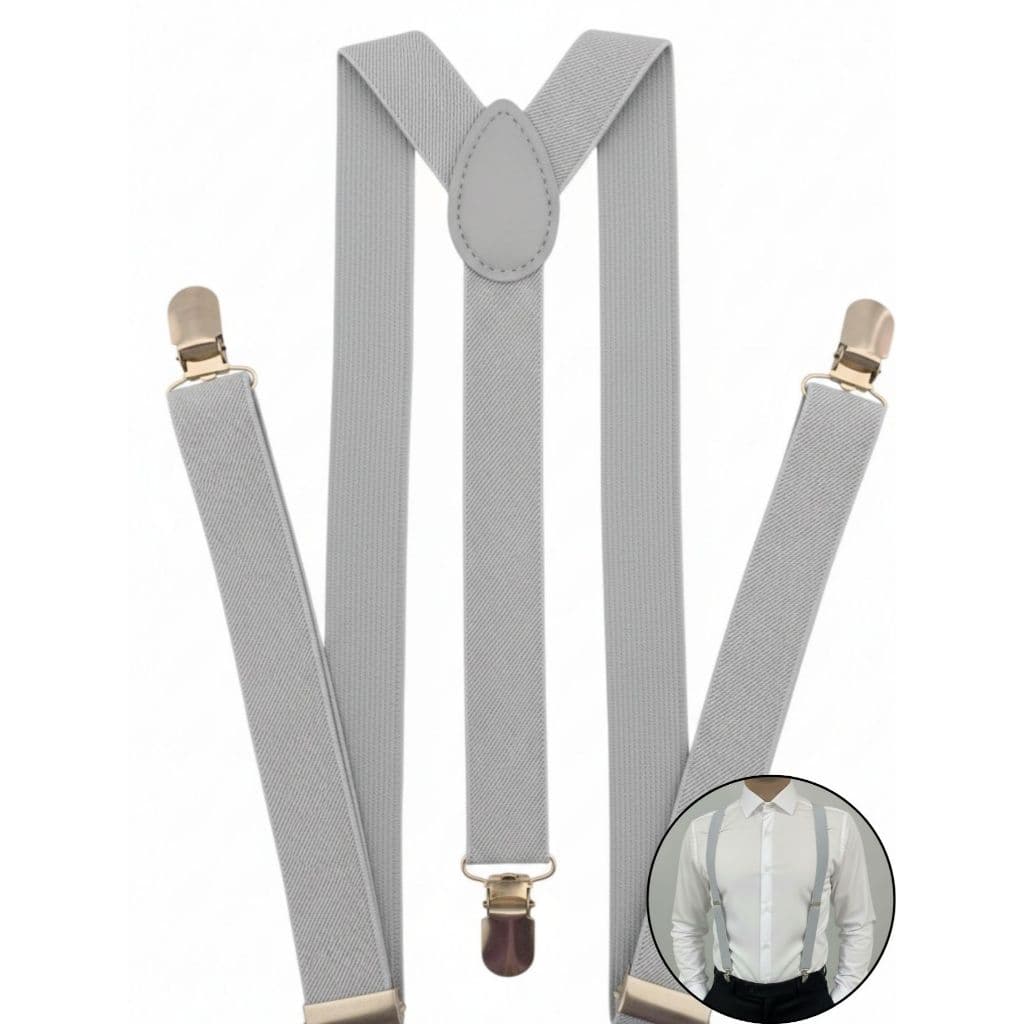 Suspensório Masculino Adulto 2,5cm Ajustável Unissex Cinza Claro Clássico Elegante Luxo Premium Liso