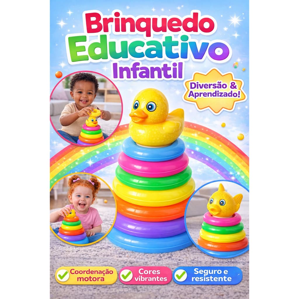 Brinquedo Infantil Educativo Torre De Argolas com 5 ou 7 a Escolher Pedagógico de Cores e Encaixe