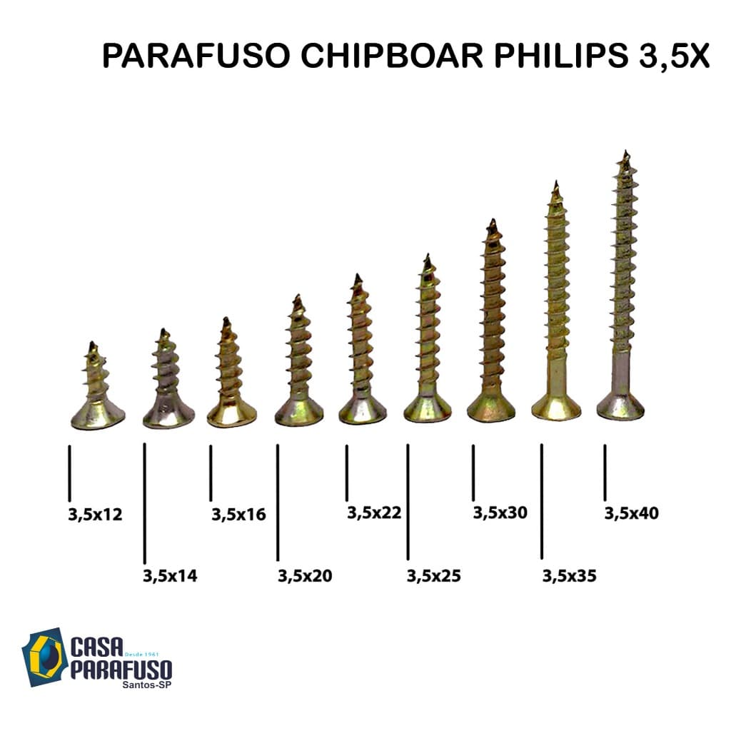 PARAFUSO CHIPBOAR PHILIPS 3,5x  - MARCENARIA, MDF, MDP, COMPENSADOS, BUCHAS. -  100 UNIDADES