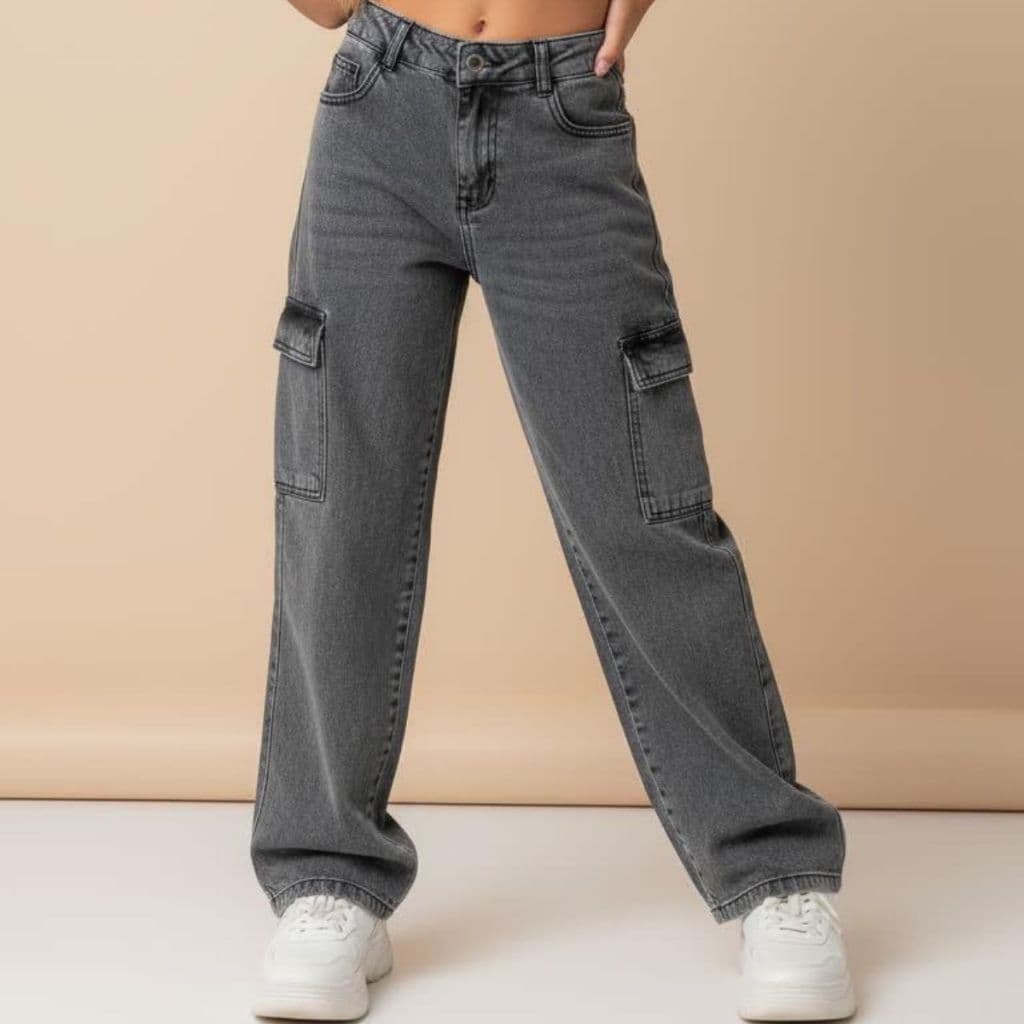 Calça Cargo Infantil Juvenil Jeans Feminina Moda Grafite Super tendencia Larga Bolso Na Lateral Alta