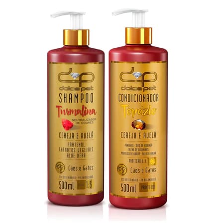Kit Dolce Pet Shampoo Turmalina Neutralizador de Odores + Condicionador Topázio Cereja e Avelã 500 ml Cães e Gatos