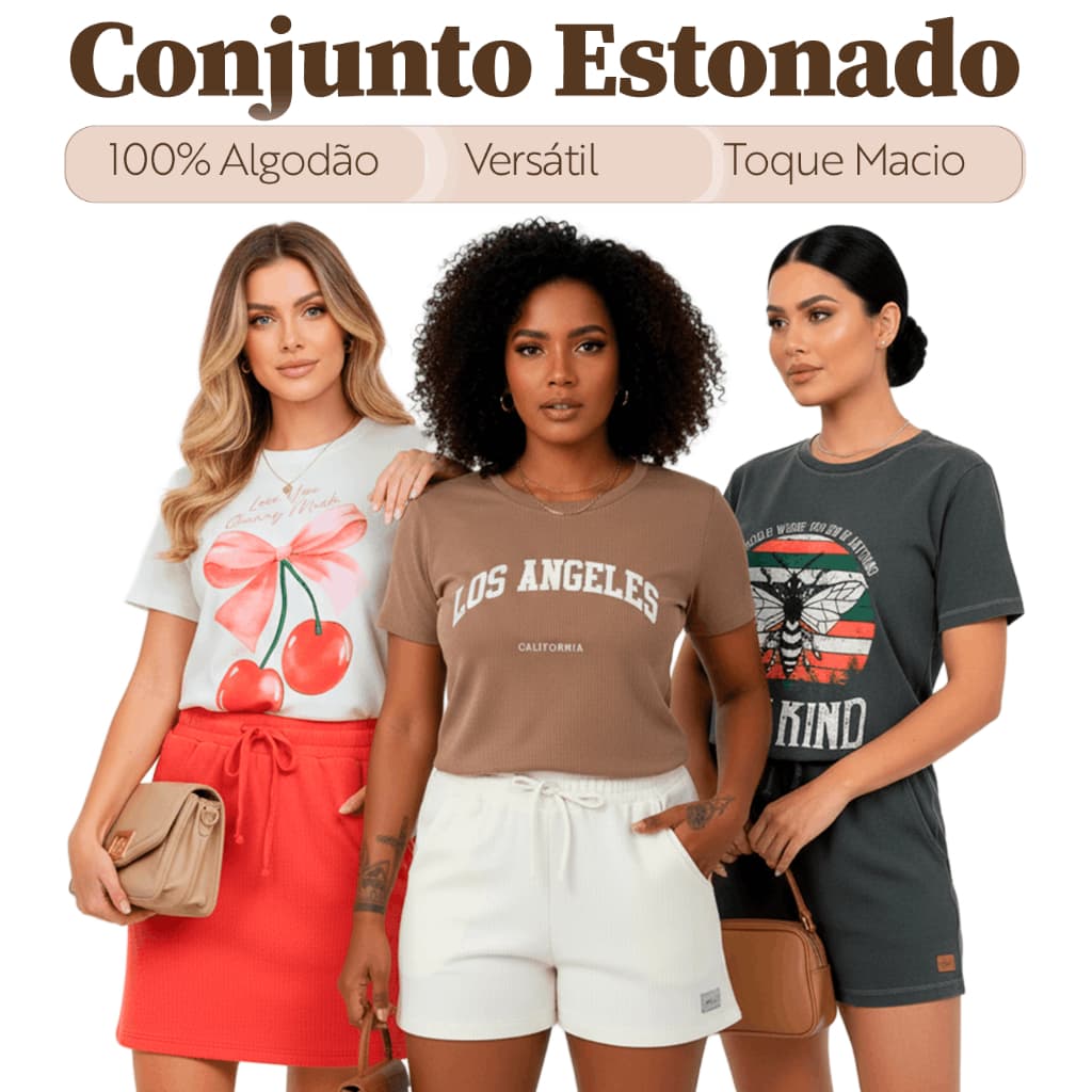 Conjunto Feminino Verão Estonado com Shorts e Camiseta Casual Confortável Look Completo Streetwear Moda Básica