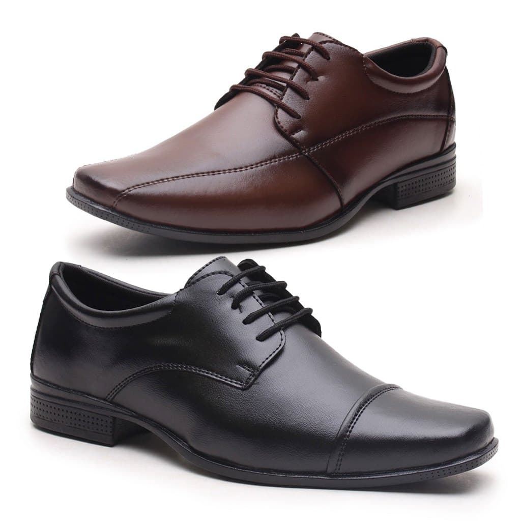 Kit 2 Pares De Sapato Social Masculino Oxford Preto e Marrom Verniz com Fivela Amarrar Elegante Exclusivo