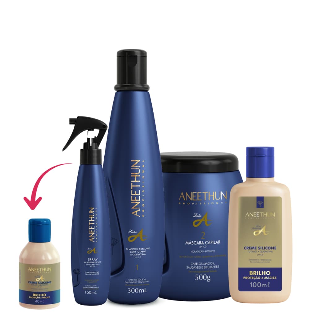 Kit Hidratação Profunda Aneethun Linha A Shampoo 300ml Máscara 500g Creme Silicone 100ml Spray Mulbf. 150ml + Brinde